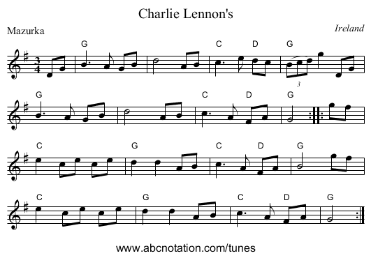 Charlie Lennon's - staff notation