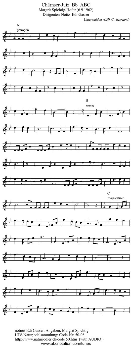 Chärnser-Juiz  Bb  ABC - staff notation
