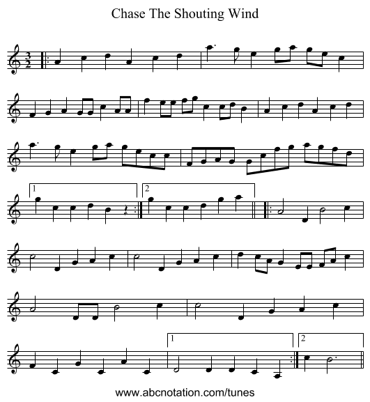 Chase The Shouting Wind - staff notation