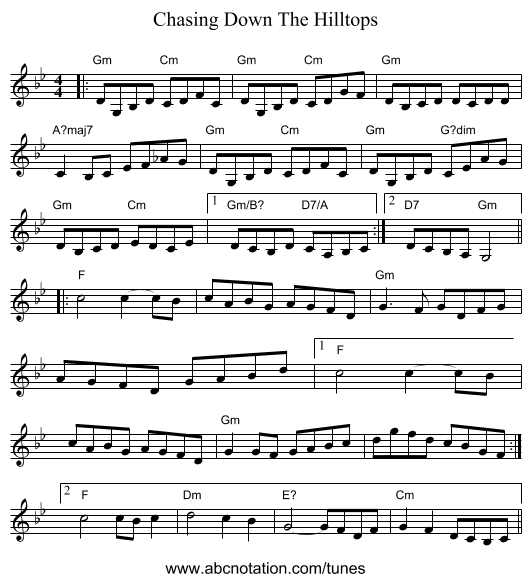 Chasing Down The Hilltops - staff notation