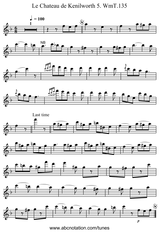 Chateau de Kenilworth 5. WmT.135, Le - staff notation