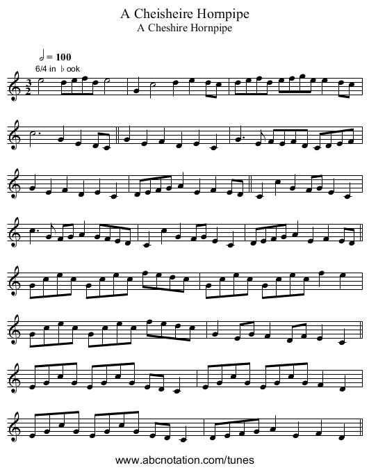 Cheisheire Hornpipe, A - staff notation