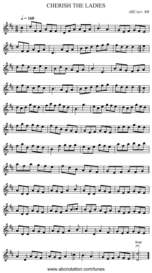 CHERISH THE LADIES - staff notation