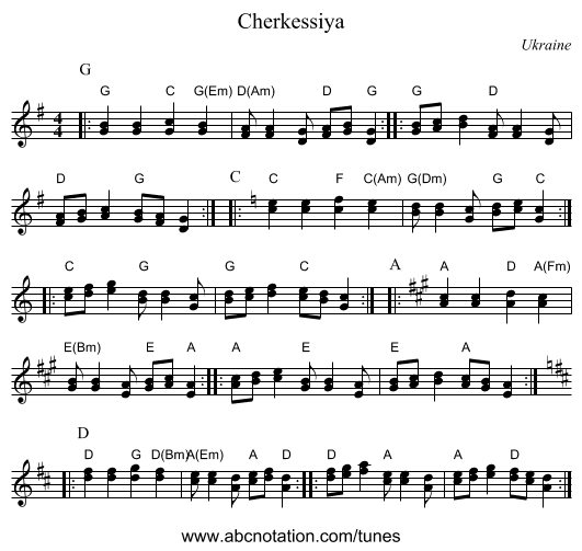 Cherkessiya - staff notation