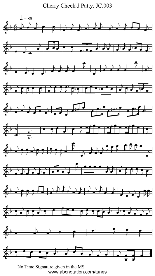 Cherry Cheek'd Patty. JC.003 - staff notation