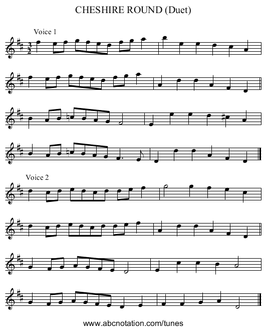 CHESHIRE ROUND (Duet) - staff notation