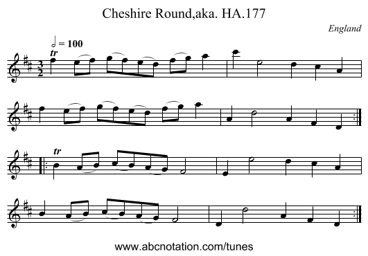 Cheshire Round,aka. HA.177 - staff notation