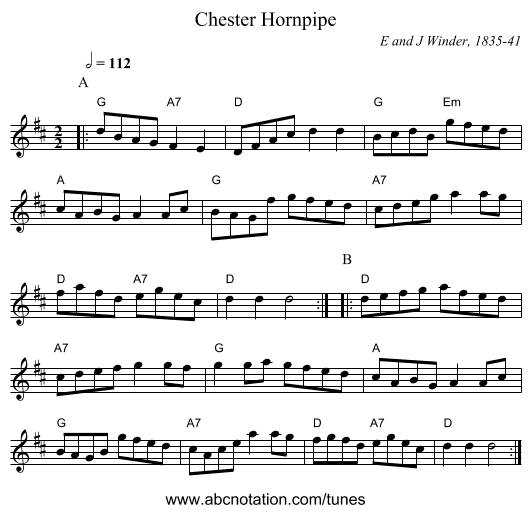 Chester Hornpipe - staff notation