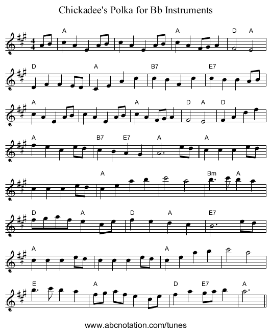 Chickadee's Polka for Bb Instruments - staff notation