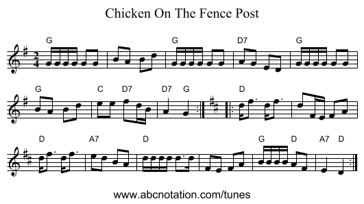Chicken On The Fence Post - staff notation