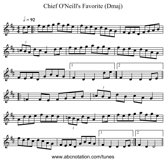 Chief O'Neill's Favorite (Dmaj) - staff notation