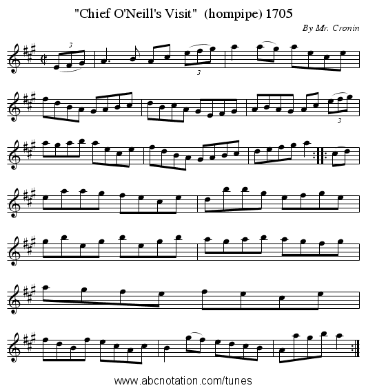 Chief O'Neill's Visit (hornpipe) 1705 - staff notation