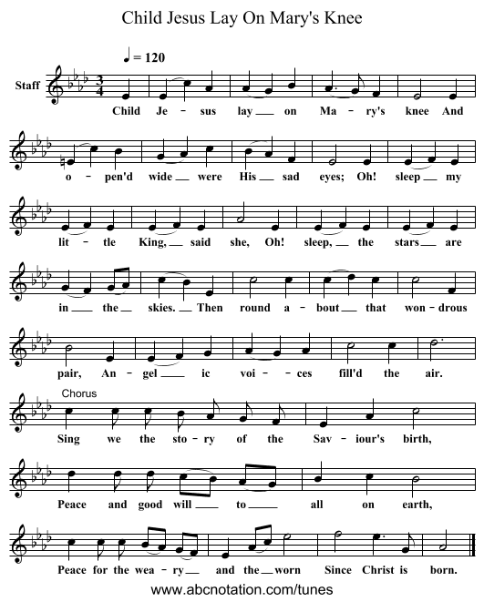 Child Jesus Lay On Mary's Knee - staff notation