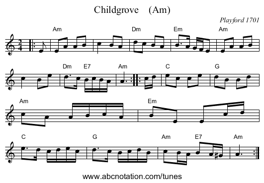 Childgrove    (Am) - staff notation