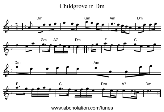Childgrove in Dm - staff notation