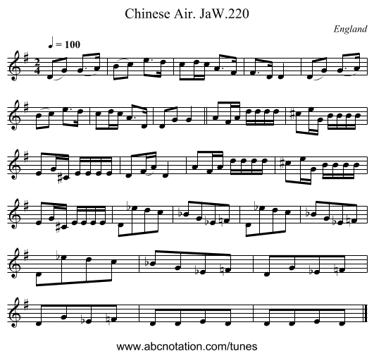 Chinese Air. JaW.220 - staff notation