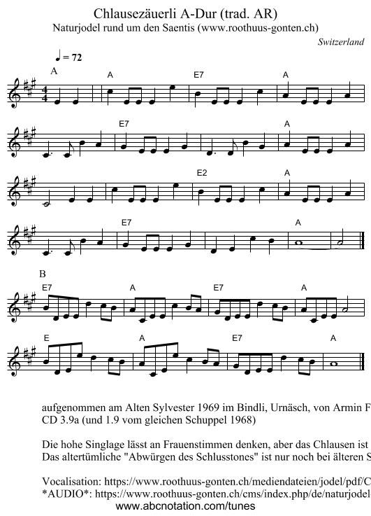 Chlausezäuerli A-Dur (trad. AR) - staff notation