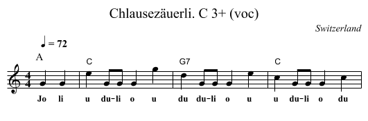 Chlausezäuerli. C 3+ (voc) - staff notation