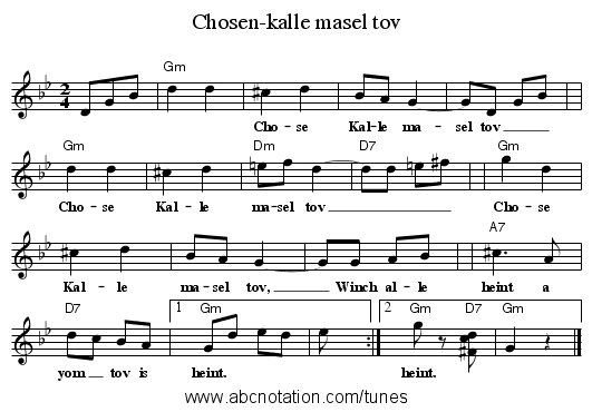 Chosen-kalle masel tov - staff notation