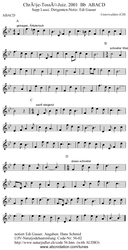 Chräje-Tossä-Juiz. 2001 Bb ABACD - staff notation