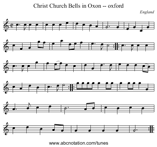 Christ Church Bells in Oxon -- oxford - staff notation
