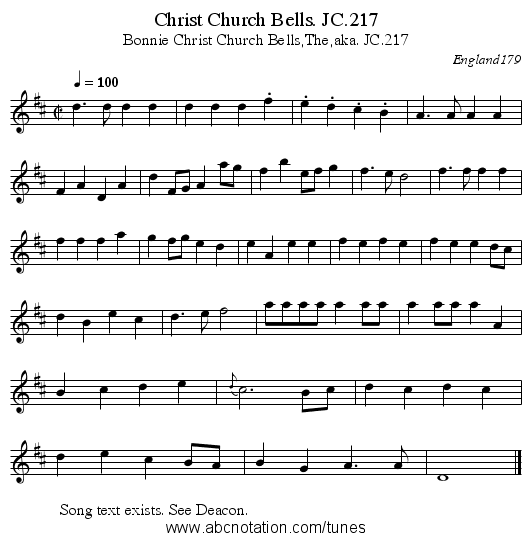 Christ Church Bells. JC.217 - staff notation