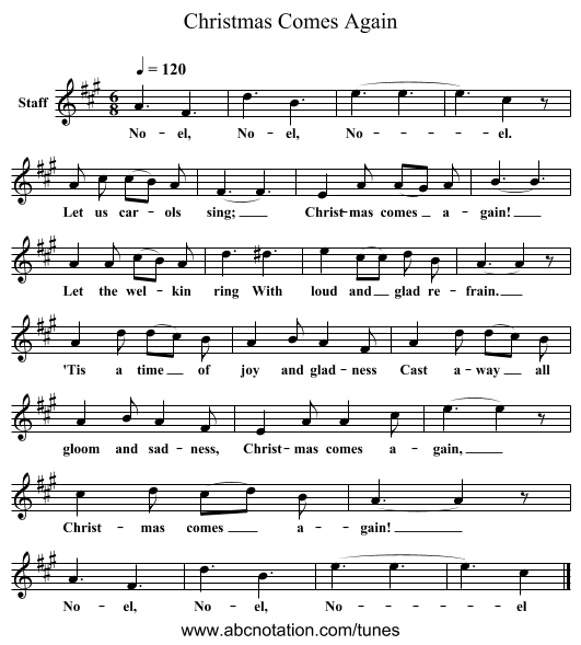 Christmas Comes Again - staff notation