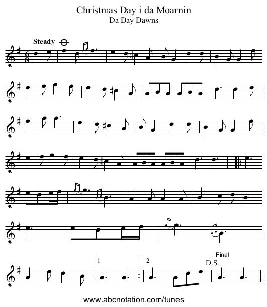 Christmas Day i da Moarnin - staff notation