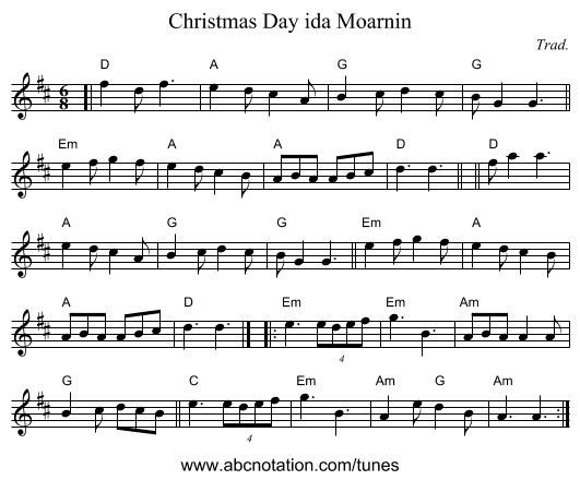 Christmas Day ida Moarnin - staff notation