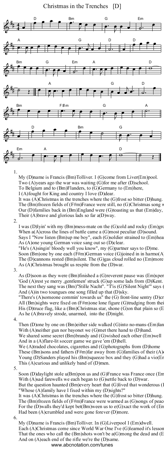 Christmas in the Trenches   [D] - staff notation