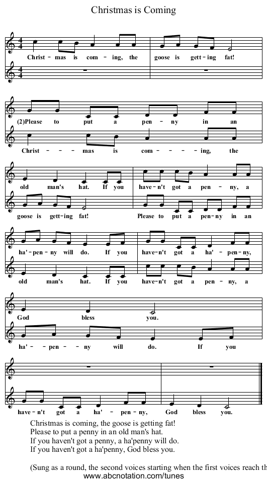 Christmas is Coming - staff notation