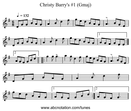 Christy Barry's #1 (Gmaj) - staff notation