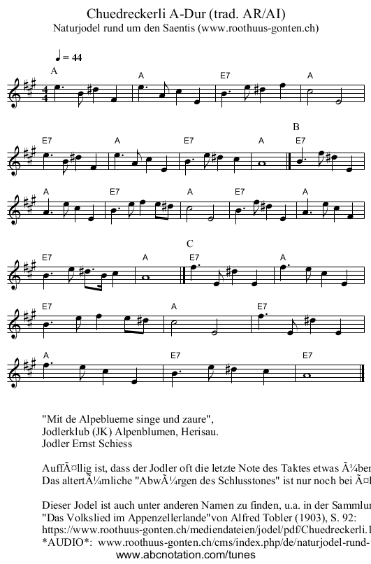 Chuedreckerli A-Dur (trad. AR/AI) - staff notation