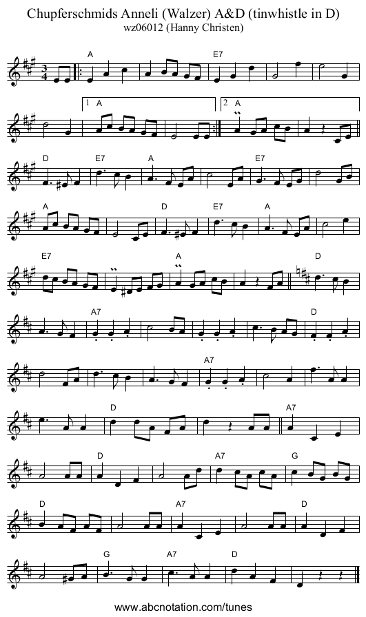 Chupferschmids Anneli (Walzer) A&D (tinwhistle in D) - staff notation