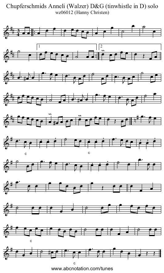 Chupferschmids Anneli (Walzer) D&G (tinwhistle in D) solo - staff notation