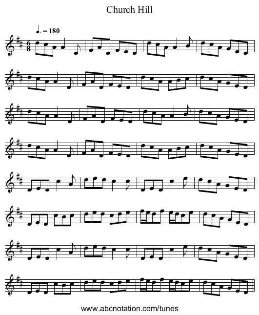 Church Hill - staff notation