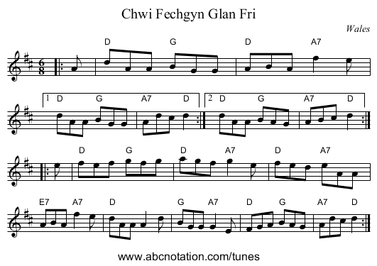 Chwi Fechgyn Glan Fri - staff notation