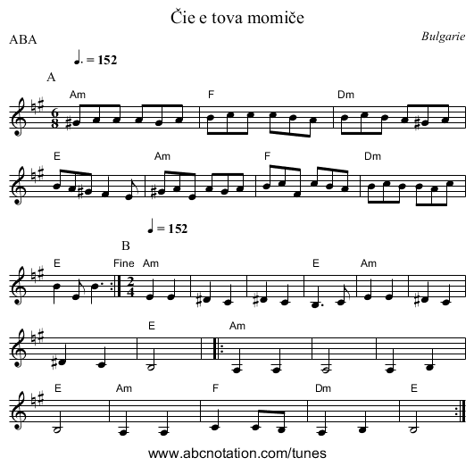 Čie e tova momiče - staff notation