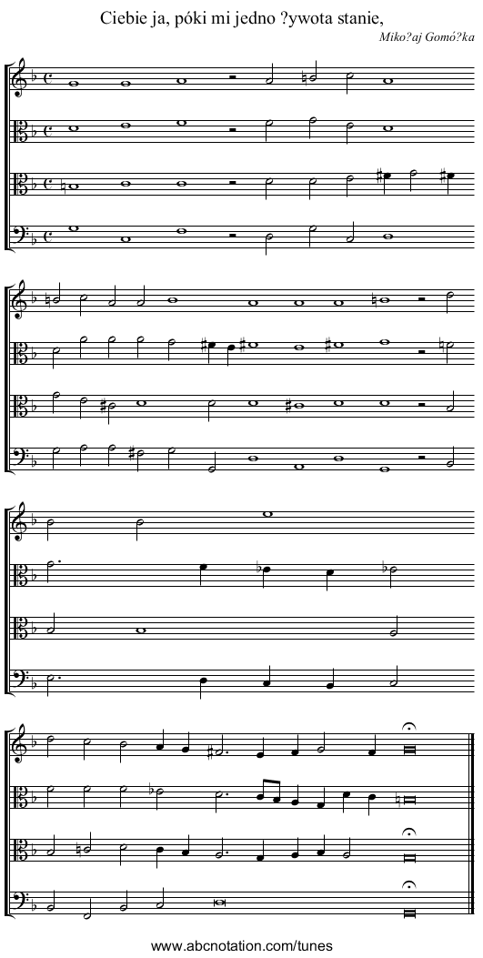 Ciebie ja, póki mi jedno ?ywota stanie, - staff notation