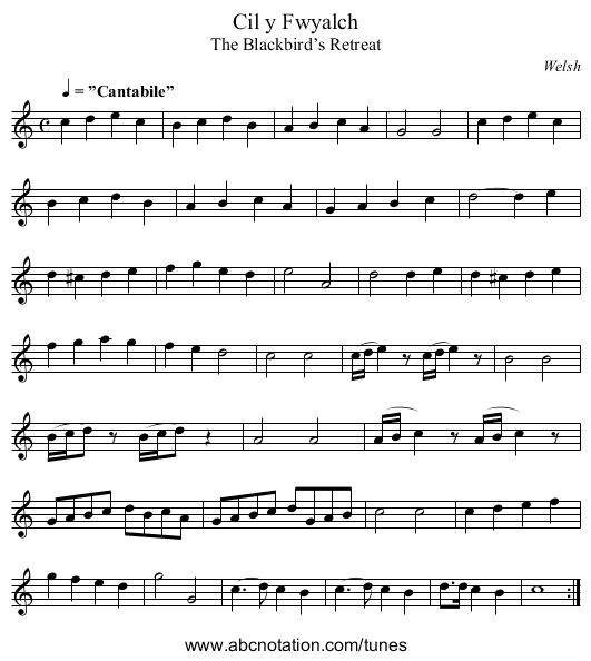 Cil y Fwyalch - staff notation