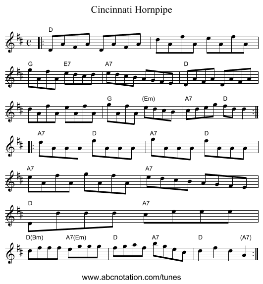 Cincinnati Hornpipe - staff notation
