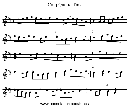 Cinq Quatre Tois - staff notation