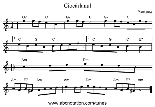 Cioc&acirc;rlanul - staff notation