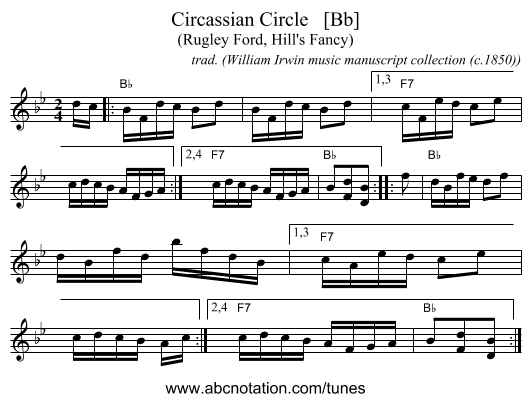 Circassian Circle   [Bb] - staff notation