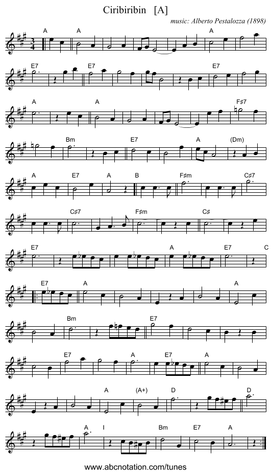 Ciribiribin   [A] - staff notation