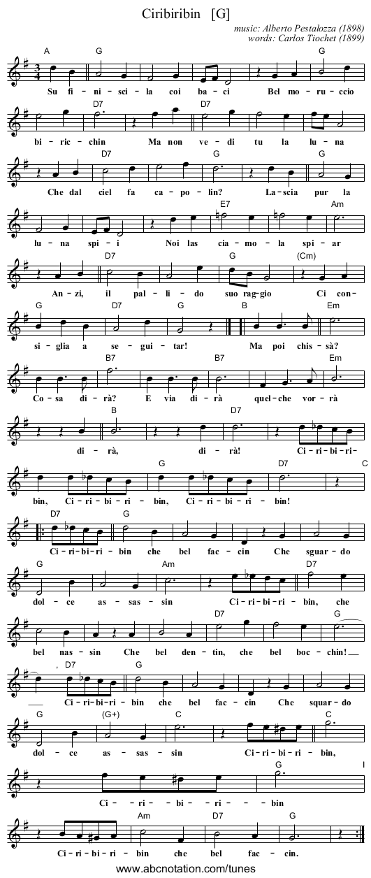 Ciribiribin   [G] - staff notation