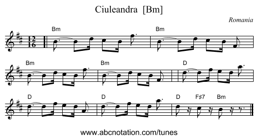 Ciuleandra  [Bm] - staff notation