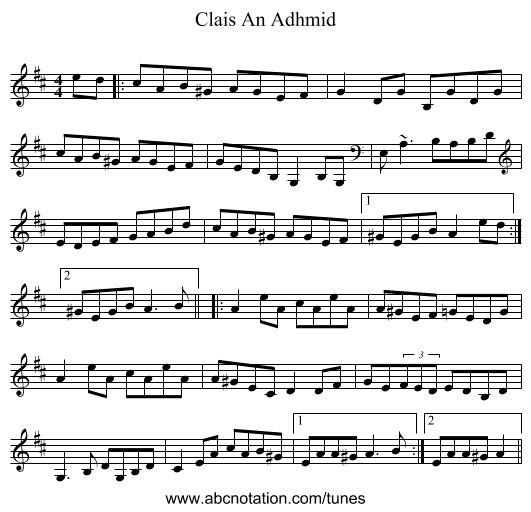 Clais An Adhmid - staff notation