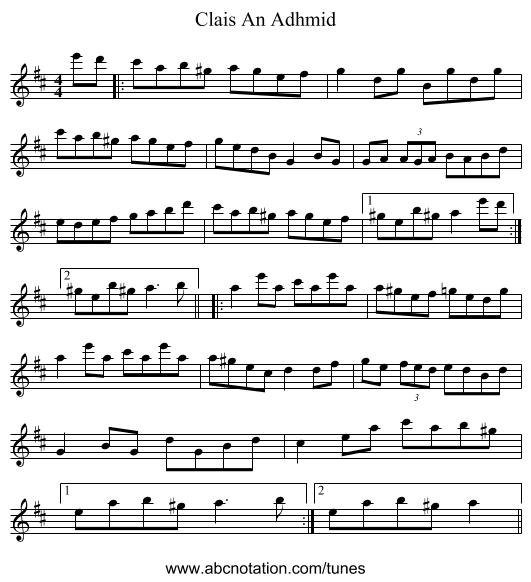 Clais An Adhmid - staff notation