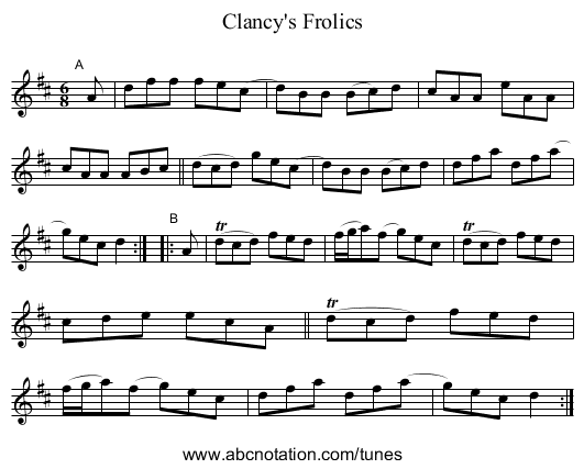 Clancy's Frolics - staff notation
